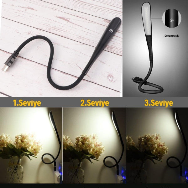 Kompakt USB Siyah 14 Ledli 3 Kademeli Dokunmatik Okuma Lambası 2