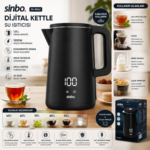 1.8L 1500W PLASTİK KAPAK - DOKUNMATİK EKRAN DİJİTAL KETTLE SU ISITICISI KABLOSUZ KULLANIM SK-8042 (5538) 2