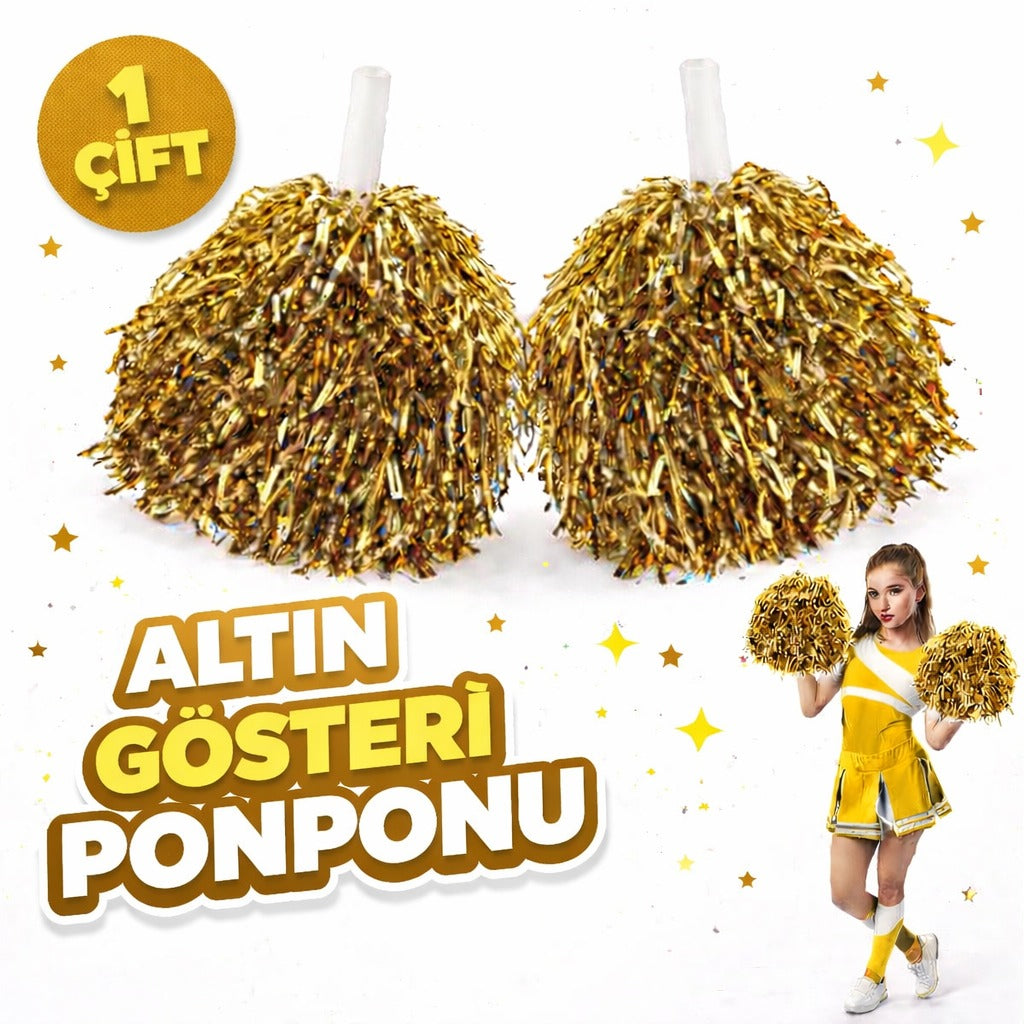1 Çift ( 2 Adet ) Altın Renk 23 Nisan 19 Mayıs 29 Ekim Okul Gösteri Ponponları Ekstra Dolgun (5538) 1