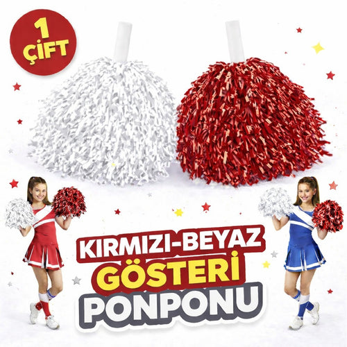 1 Çift ( 2 Adet ) Kırmızı-Beyaz Renk 23 Nisan 19 Mayıs 29 Ekim Okul Gösteri Ponponları Ekstra Dolgun (5538) 1