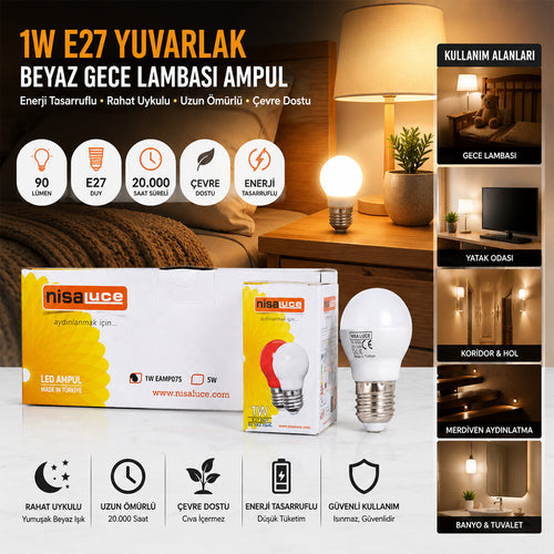 10 ADET 1W E27 BEYAZ YUVARLAK GECE LAMBASI LED AMPUL (5538) 1