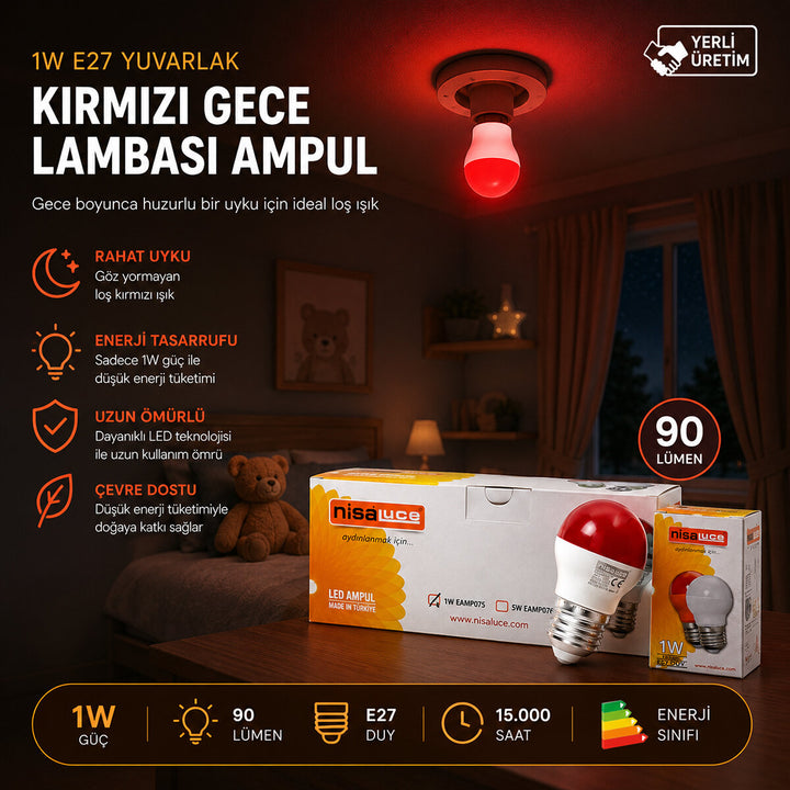 10 ADET 1W E27 KIRMIZI YUVARLAK GECE LAMBASI LED AMPUL EAMP-075 (5538) 1