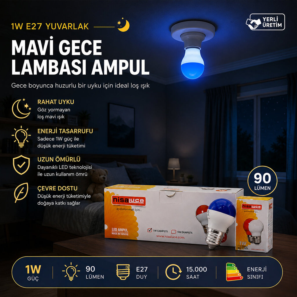 10 ADET 1W E27 MAVİ YUVARLAK GECE LAMBASI LED AMPUL EAMP-075 (5538) 1