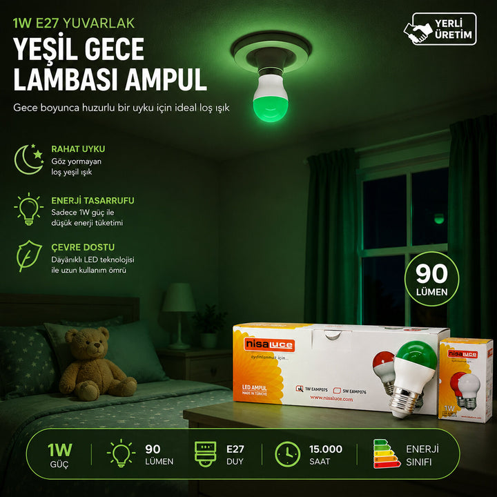10 ADET 1W E27 YEŞiL YUVARLAK GECE LAMBASI LED AMPUL EAMP-075 (5538) 1