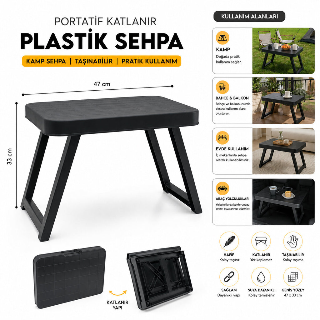 10 ADET KÜÇÜK= 47X33CM KAMP - PİKNİK MASASI SİYAH PLASTİK KATLANABİLİR AYAKLI=38CM (5538) 2