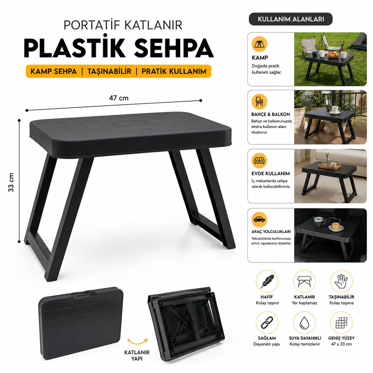 10 ADET KÜÇÜK= 47X33CM KAMP - PİKNİK MASASI SİYAH PLASTİK KATLANABİLİR AYAKLI=38CM (5538) 2