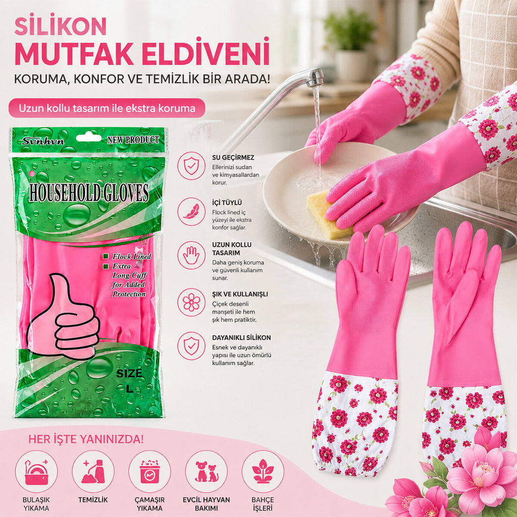 10 ADET SU GEÇİRMEZ - UZUN KOLLU L ÇİÇEK DESEN SİLİKON ELDİVEN MUTFAK - BANYO (5538) 2
