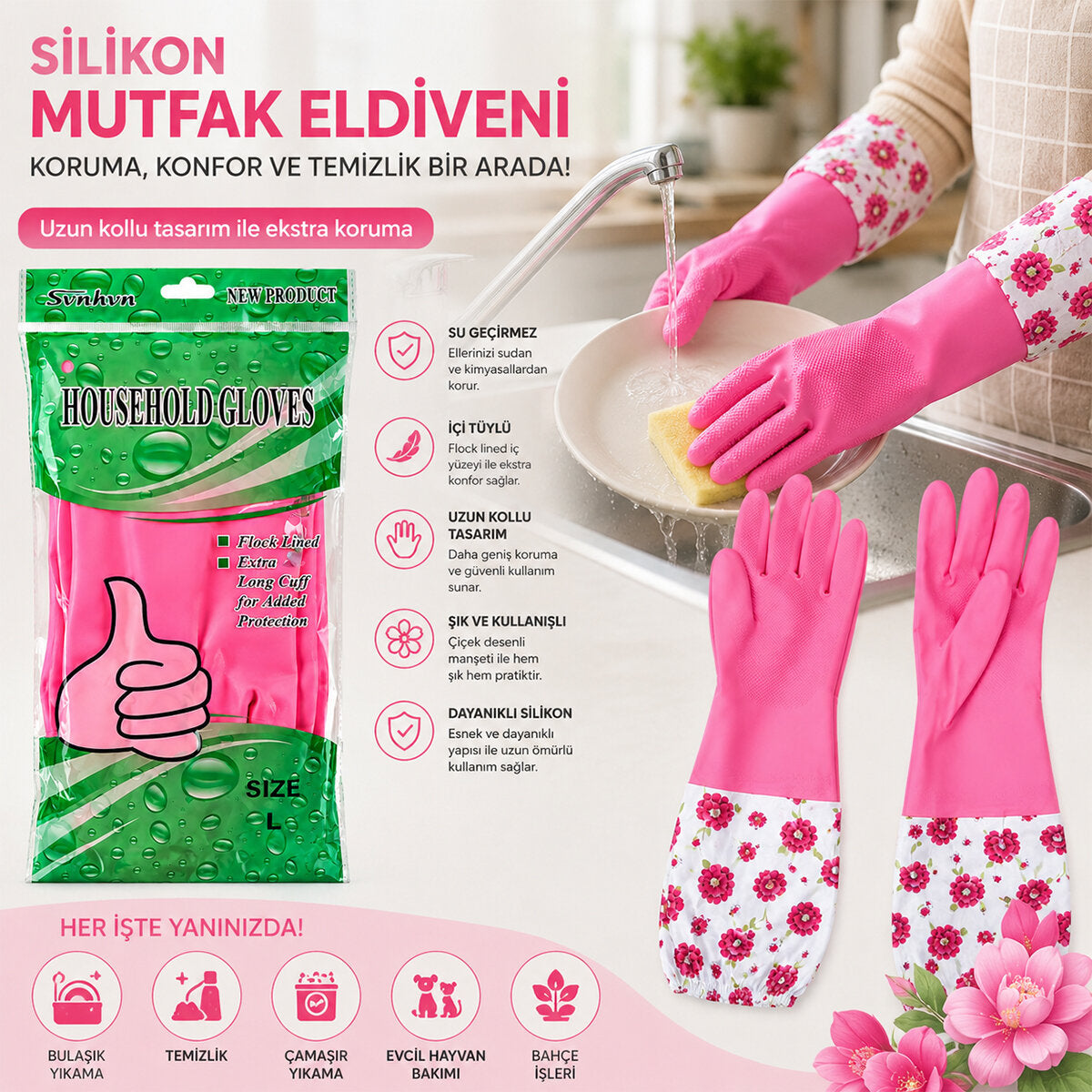 10 ADET SU GEÇİRMEZ - UZUN KOLLU L ÇİÇEK DESEN SİLİKON ELDİVEN MUTFAK - BANYO (5538) 2