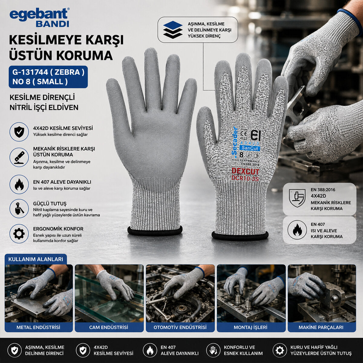 10 ADET ZEBRA NO 8 SMALL KESİLME DİRENÇLİ NİTRİL İŞÇİ ELDİVEN BANDI (5538) 2