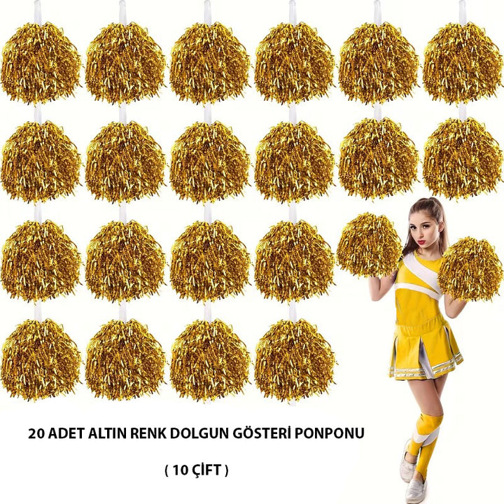 10 Çift ( 20 Adet ) Altın Renk 23 Nisan 19 Mayıs 29 Ekim Okul Gösteri Ponponları (5538) 1