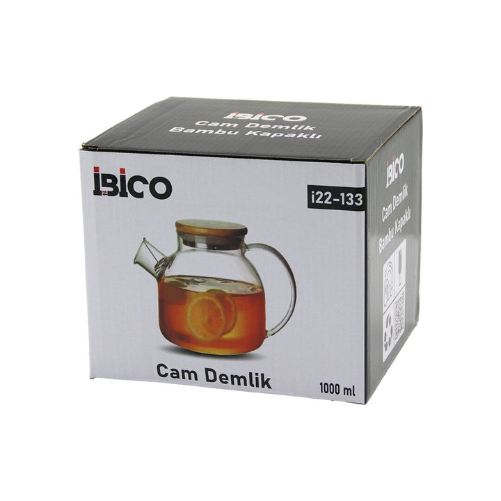 1000ML SADE DÜZ CAM DEMLİK BAMBU DIŞ YÜZEY - METAL İÇ YÜZEY - SİLİKON CONTALI KAPAK (5538) 1