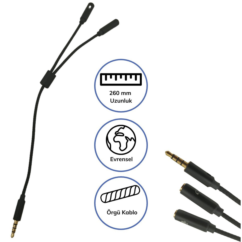 1 Erkek 2 Dişi 3.5 mm Kulaklık ve Mikrofon Ayırıcı Çoklayıcı Aux Kablo (5538) 5
