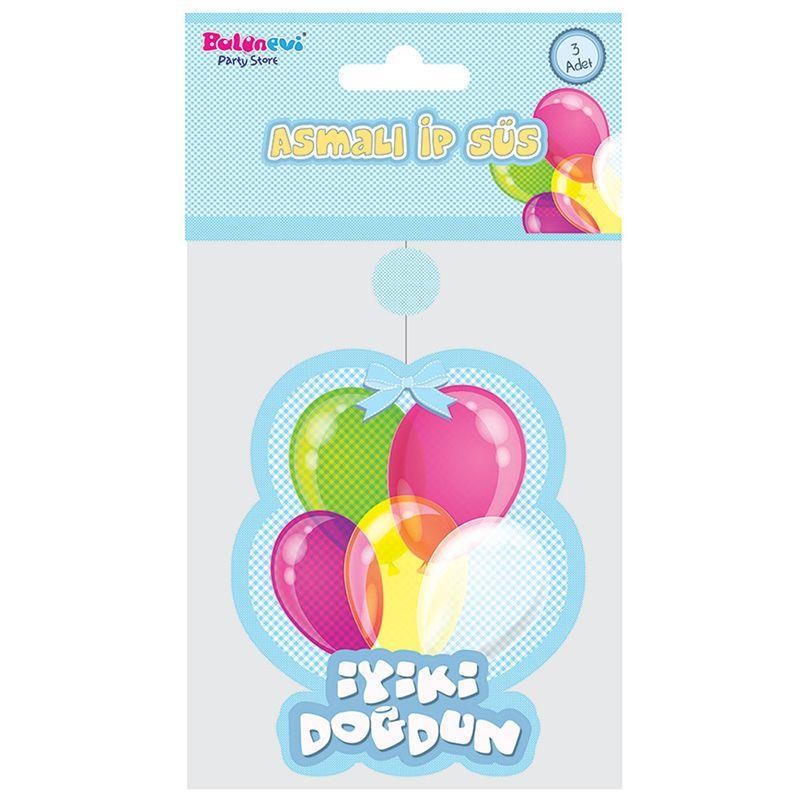 İyiki Doğdun Yazılı Asmalı İp Süs Mavi Renk 3 lü Set 12x45 cm (5538) 3