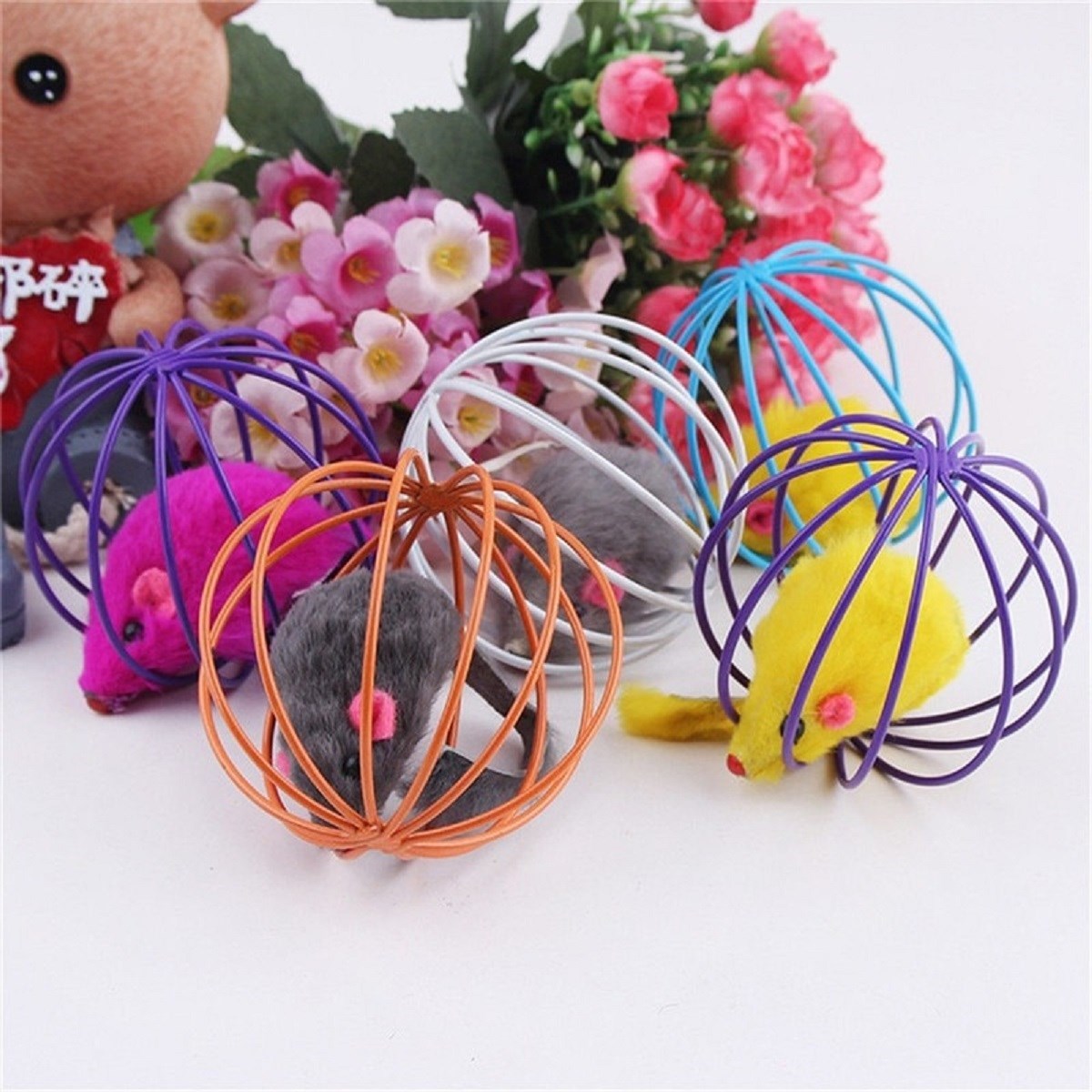 Renkli Metal Kafesli Peluş Fareli Kedi Köpek Oyuncağı Oyun Topu 6 cm (5538) 3
