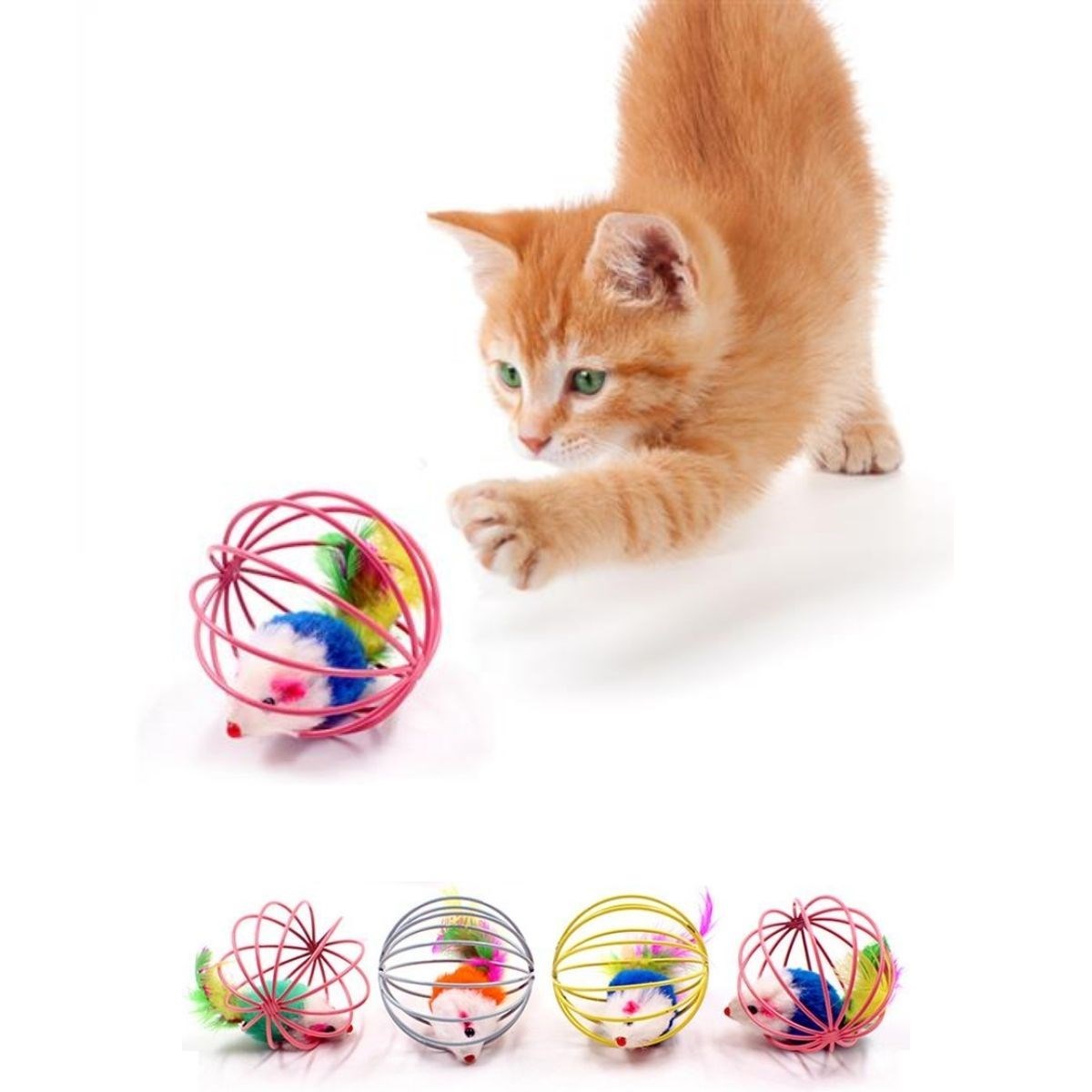 Renkli Metal Kafesli Peluş Fareli Kedi Köpek Oyuncağı Oyun Topu 6 cm (5538) 4
