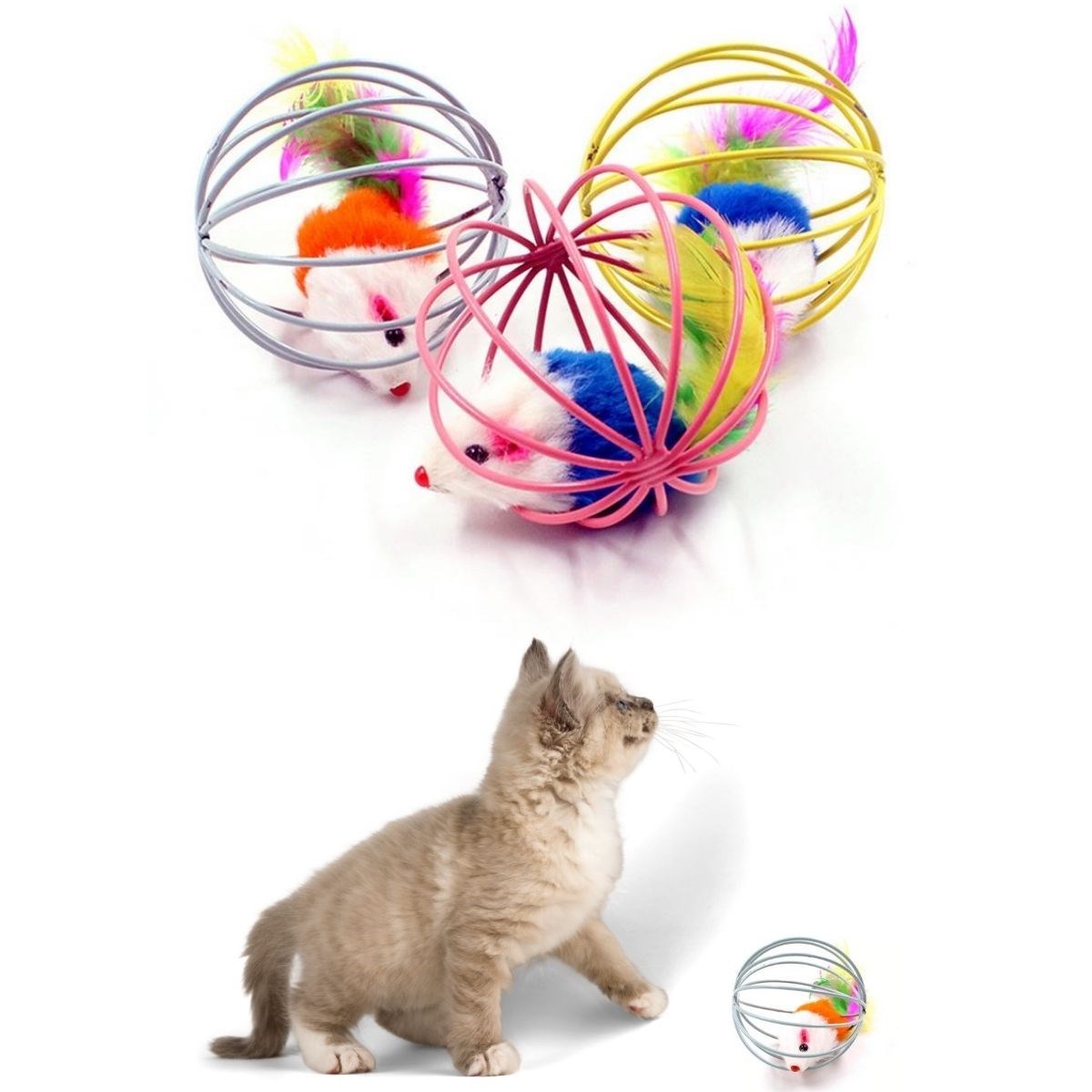 Renkli Metal Kafesli Peluş Fareli Kedi Köpek Oyuncağı Oyun Topu 6 cm (5538) 5