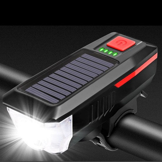 Solar Enerjili USB ile Şarj Edilebilir Ledli Bisiklet Feneri Kornalı ve Su Geçirmez Far (5538) 1