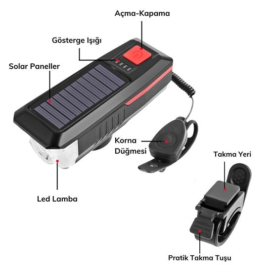 Solar Enerjili USB ile Şarj Edilebilir Ledli Bisiklet Feneri Kornalı ve Su Geçirmez Far (5538) 3