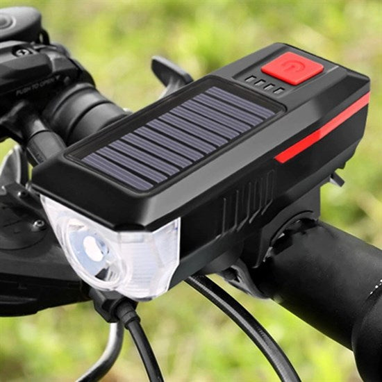 Solar Enerjili USB ile Şarj Edilebilir Ledli Bisiklet Feneri Kornalı ve Su Geçirmez Far (5538) 4