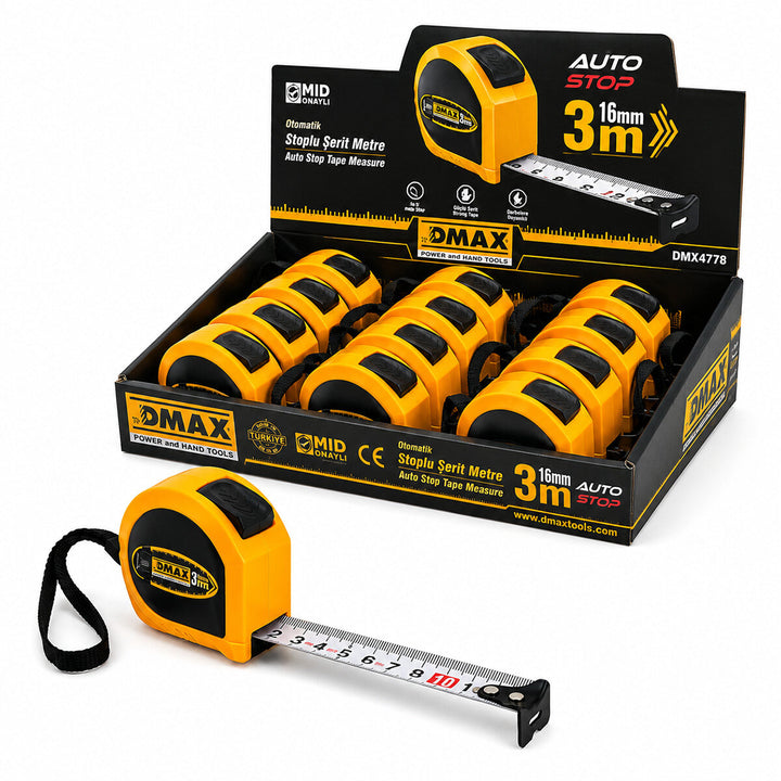 12 ADET 3MT X 16MM OTOMATİK ÇELİK ŞERİT METRE STOPLU (5538) 1