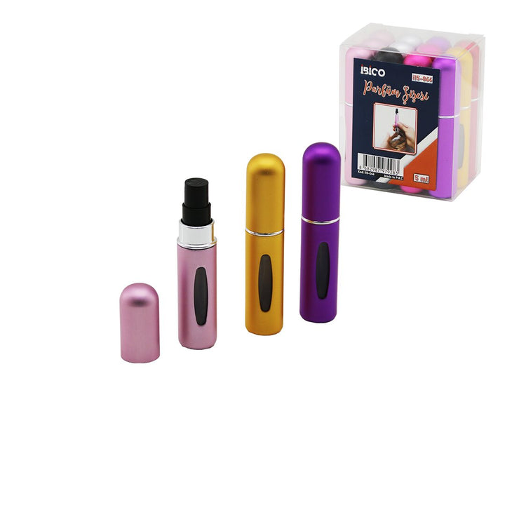 12 ADET MİNİ=CEP - ÇANTA BOY BOŞ SPREY PARFÜM ŞİŞESİ 5ML RENKLİ PLS. SEVİYE PENCERELİ (5538) 1