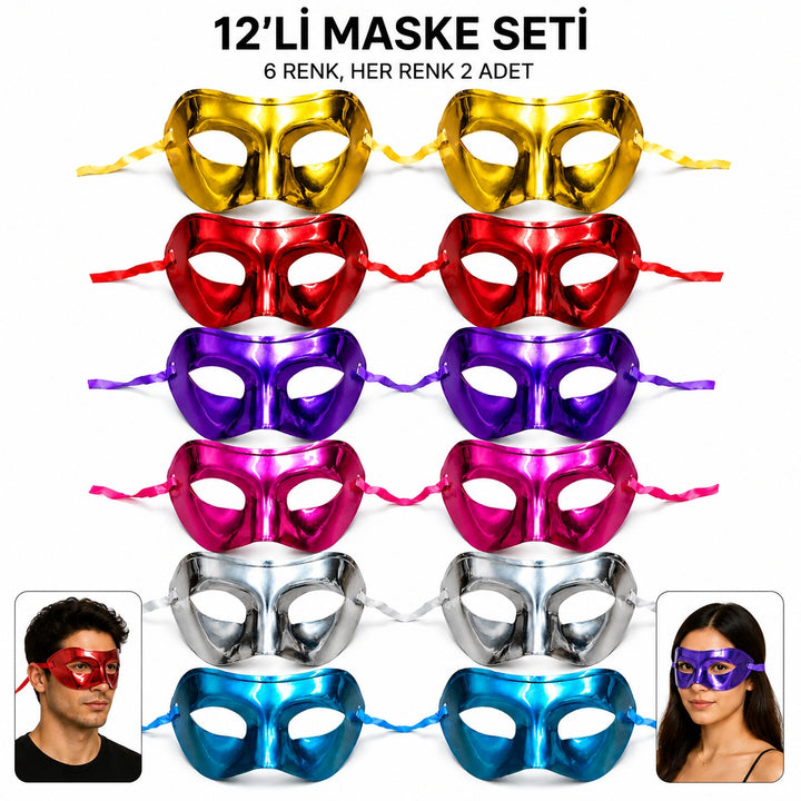 12'li Metalik Venedik Toptan Parti Maskesi Seti – 6 Renk Karışık (5538) 1