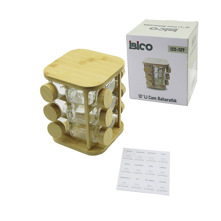12PCS KARE DÖNER STANDLI CAM - BAMBU KAPAK TUZLUK - BAHARATLIK BAMBU STAND (5538) 1