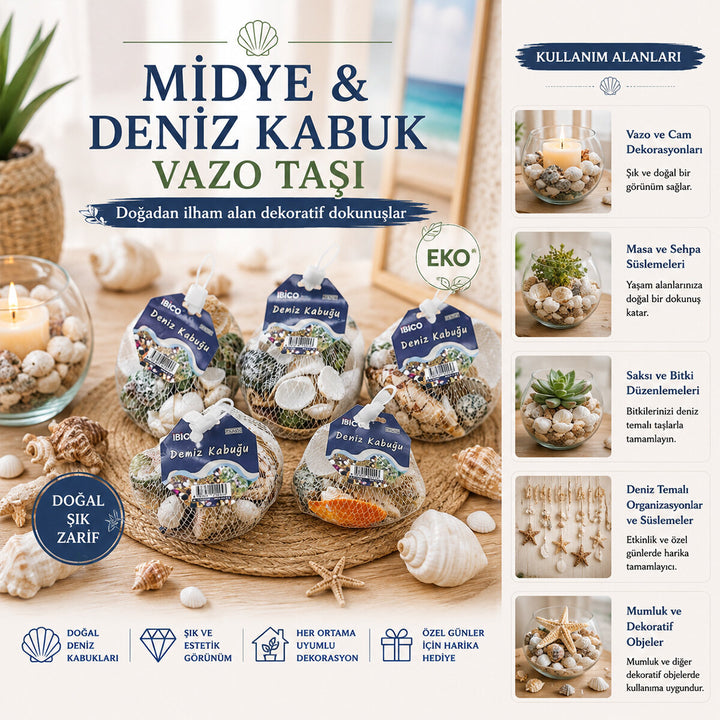 15 ADET FİLELİ RENKLİ MİX EKO MİDYE - DENİZ KABUK VAZO TAŞI (5538) 1