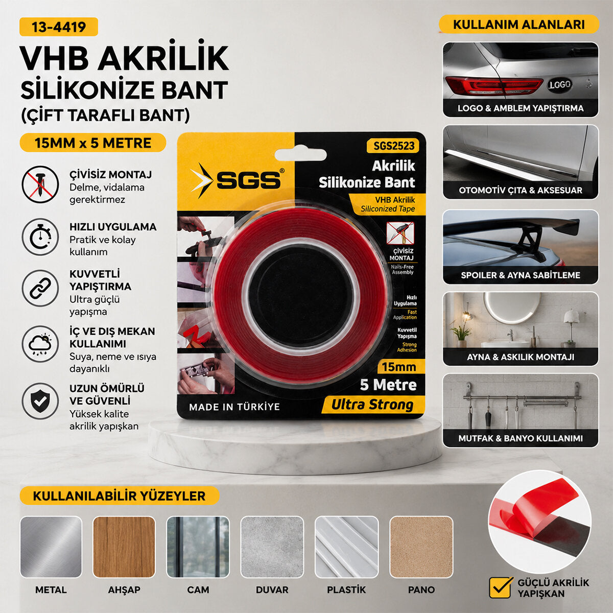 15MMX5YRD VHB AKRİLİK SİLİKONİZE BANT ÇİFT TARAFLI BANT (5538) 2