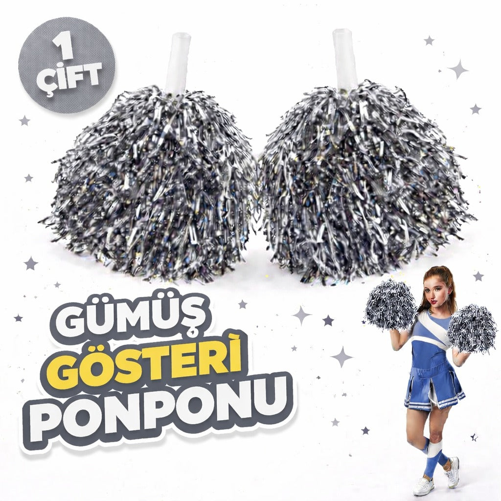 1 Çift Gümüş Renk Okul Gösteri Ponponları Ekstra Dolgun 1