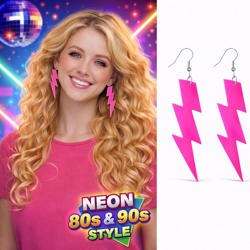 80’ler 90'lar Retro Neon Pembe Şimşek Küpe 10 cm 1