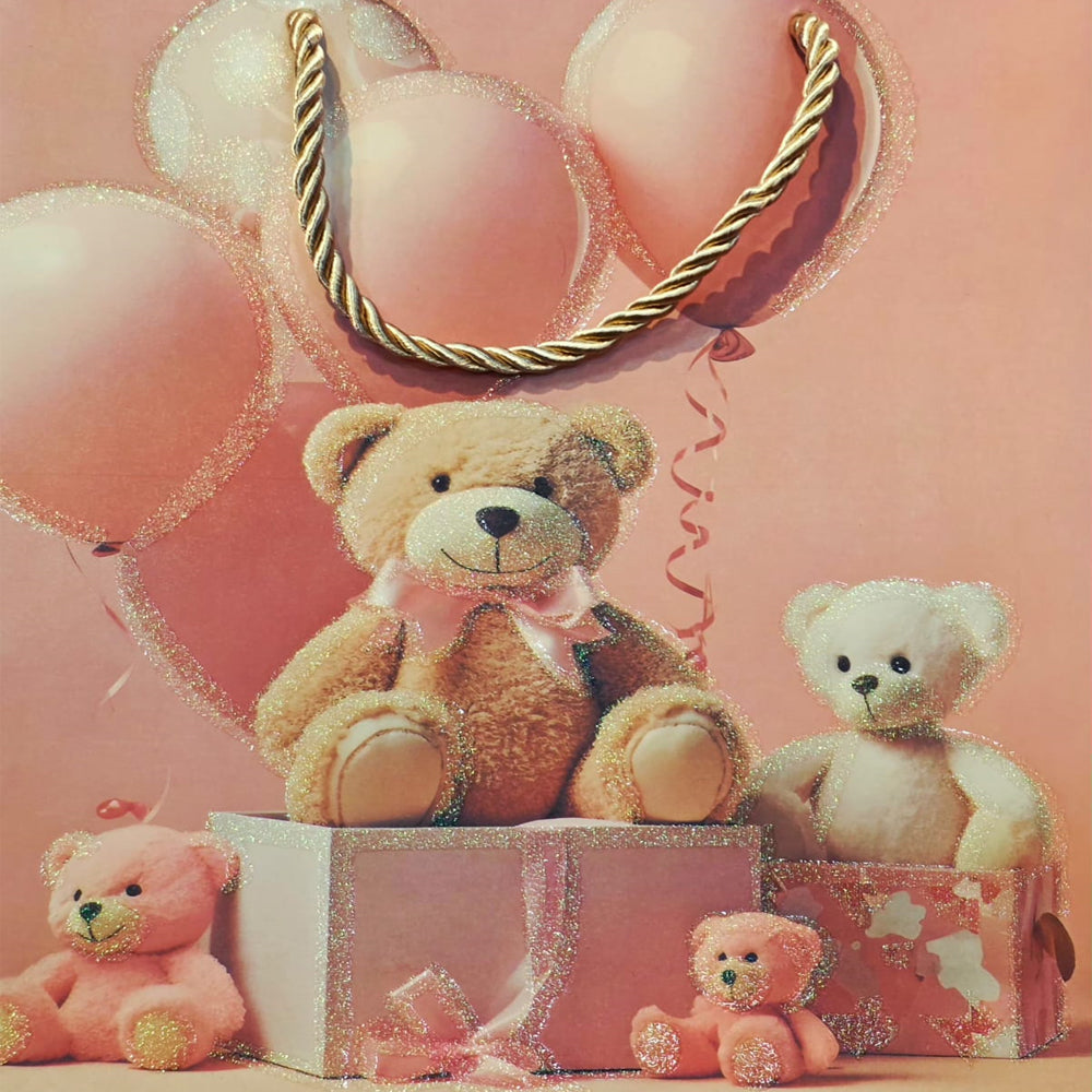 Ayıcık Desenli Pembe Küçük Boy Karton Hediye Çantası 2