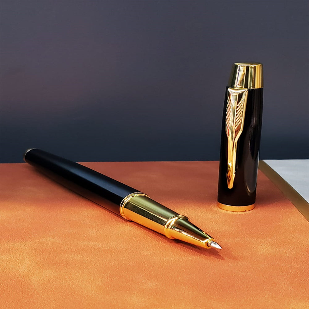 Siyah Gold Detaylı Termo Deri Defter Ve Metal Roller Kalem Hediye Seti 3