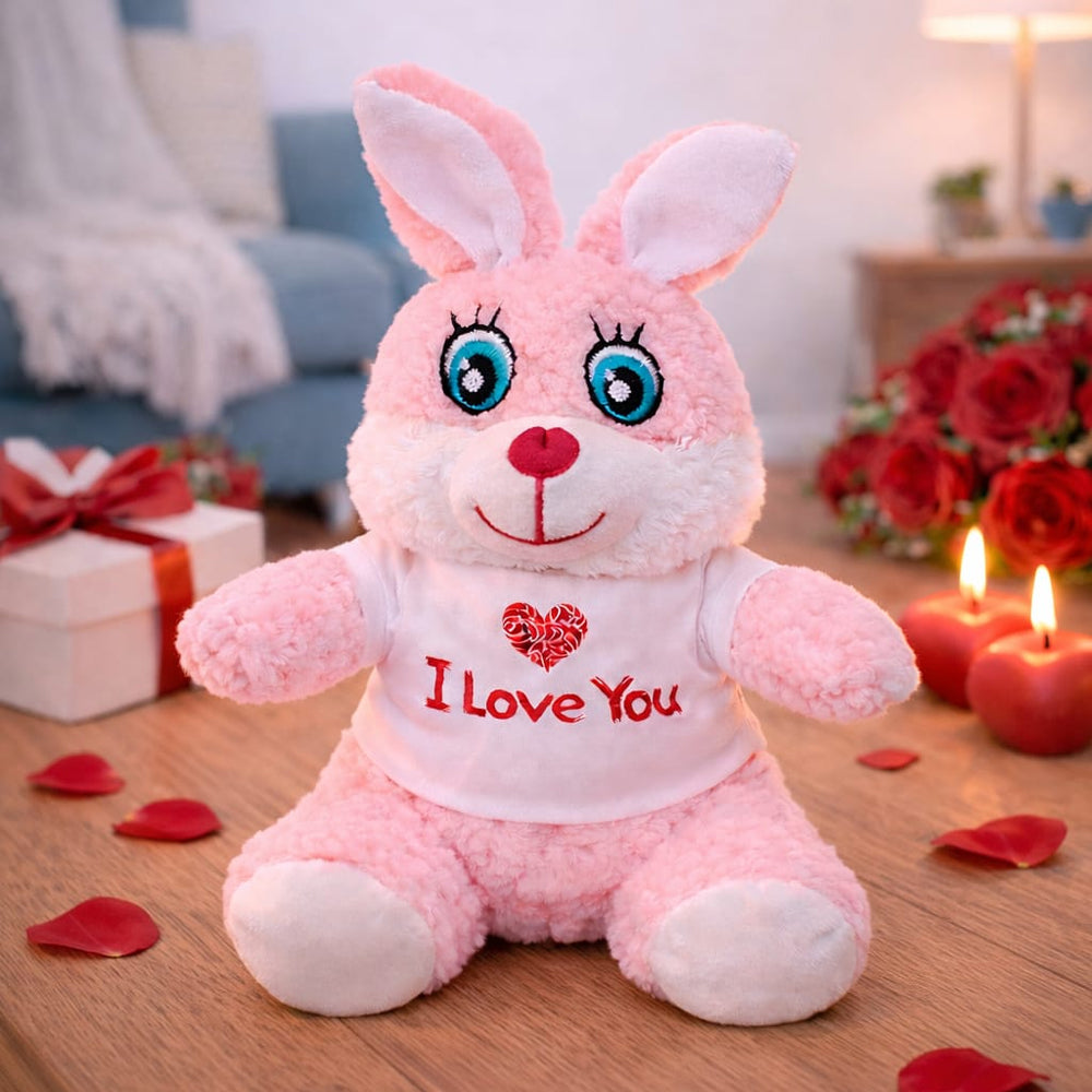 I Love You Tişörtlü Sevimli Pembe Peluş Tavşan 1