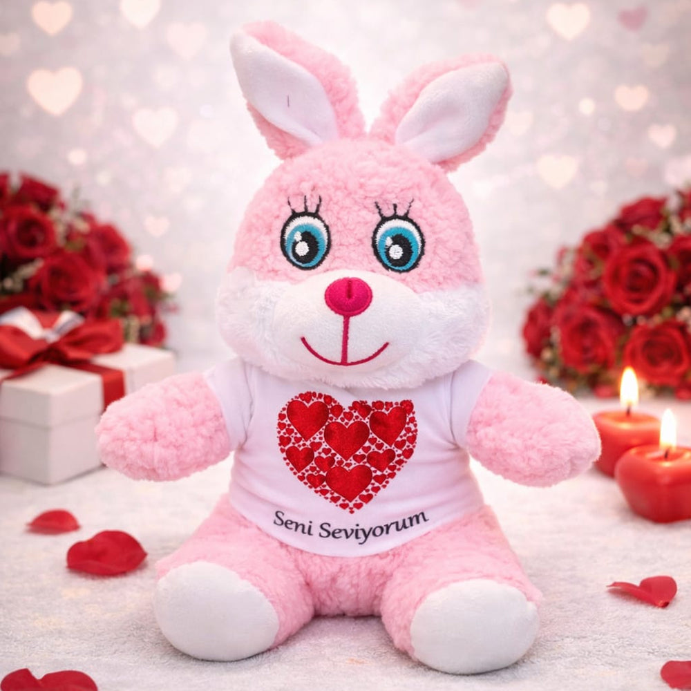 Seni Seviyorum Tişörtlü Pembe Peluş Tavşan 1