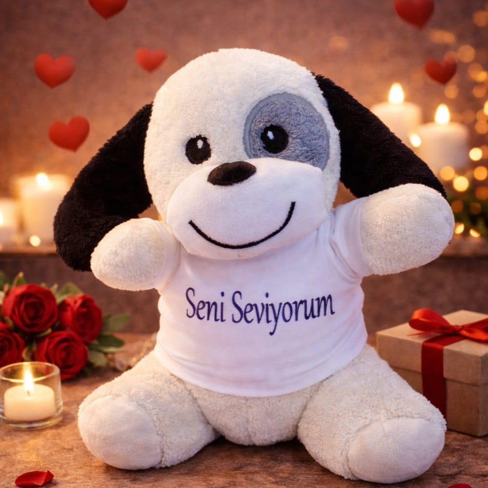 Seni Seviyorum Tişörtlü Sevimli Benekli Peluş Köpek 1