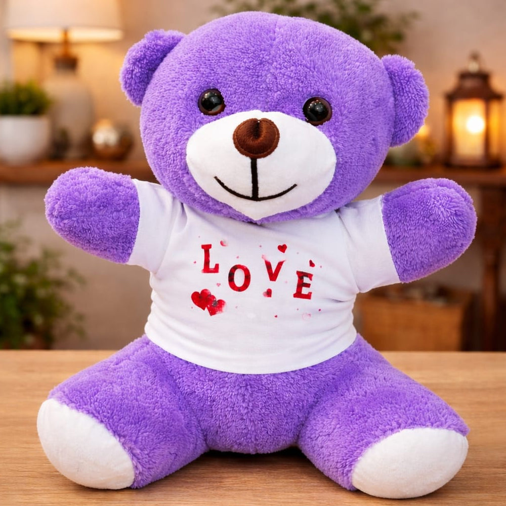 Love Baskılı Tişörtlü Peluş Mor Ayıcık 1
