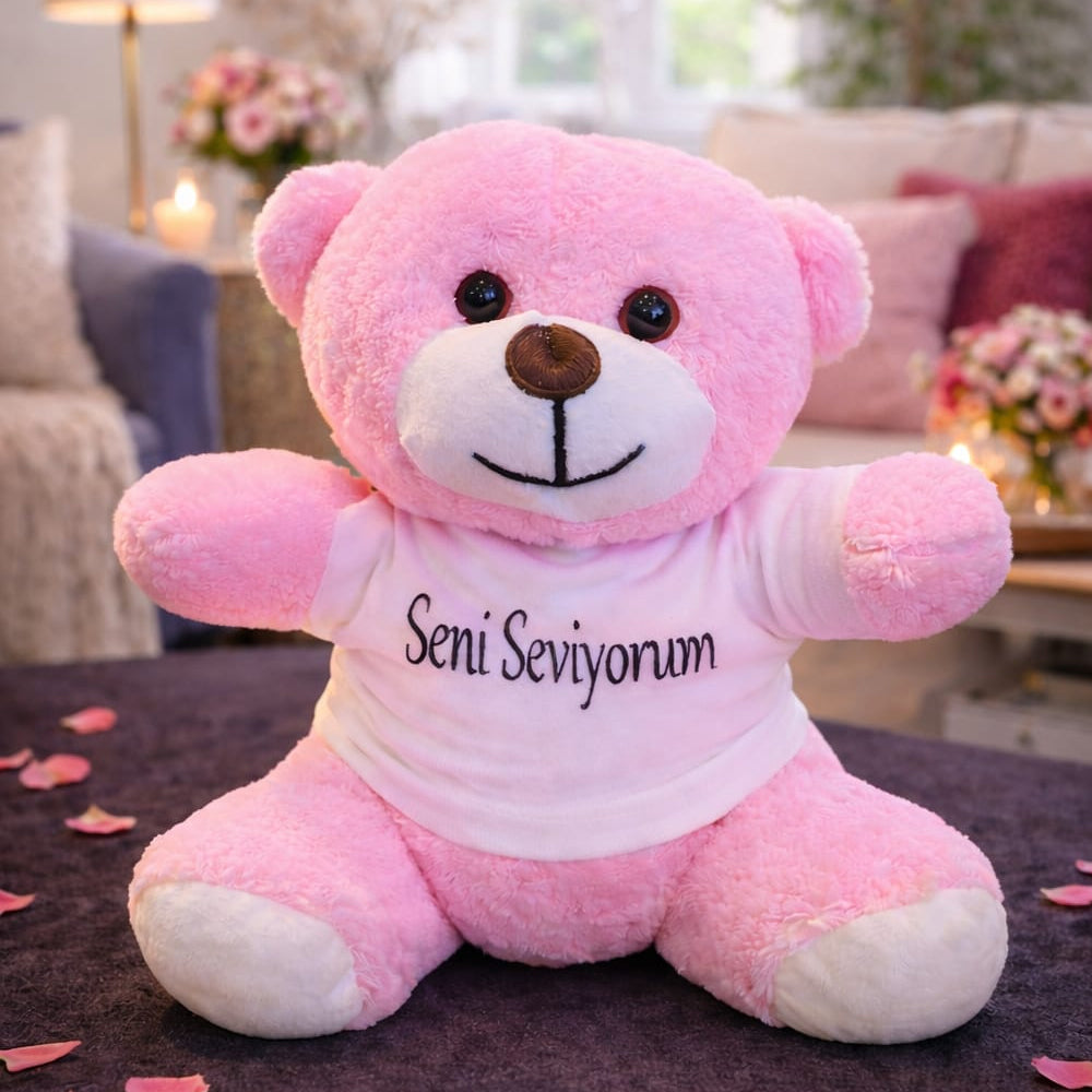 Seni Seviyorum Tişörtlü Pembe Peluş Ayıcık 1