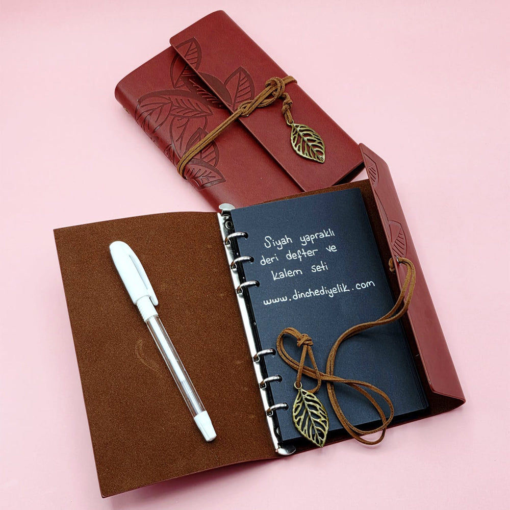 Kahverengi Deri Siyah Yapraklı Defter Ve Beyaz Jel Kalem Seti 1