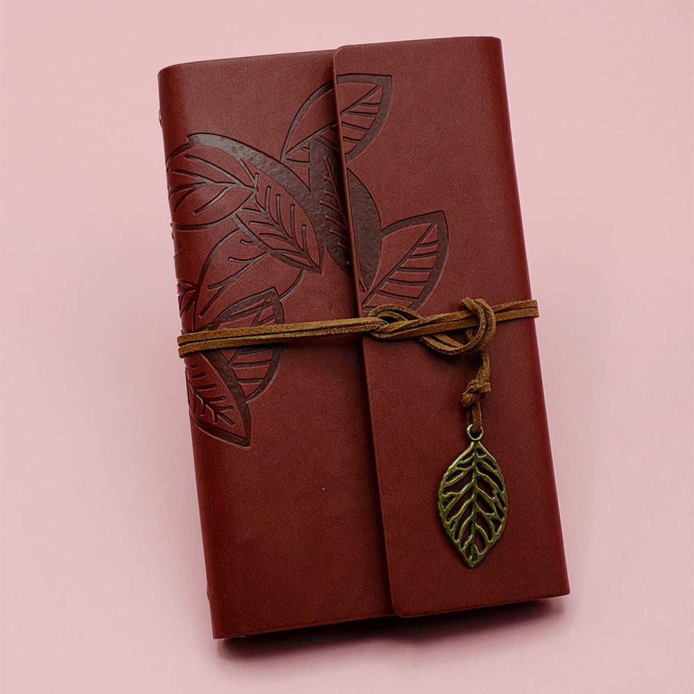Kahverengi Deri Siyah Yapraklı Defter Ve Beyaz Jel Kalem Seti 2