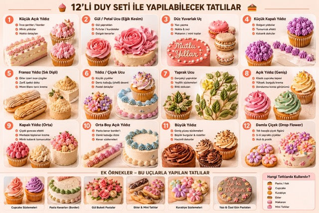 Profesyonel Pastalar İçin Tam Donanımlı 12'li Dekorasyon Seti (Paslanmaz Çelik Duy Seti) 3