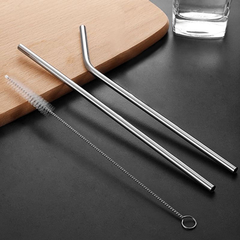 Ekstra Uzun Paslanmaz Çelik Pipet Seti – 3 Parça (Eğri + Düz + Fırça) 1