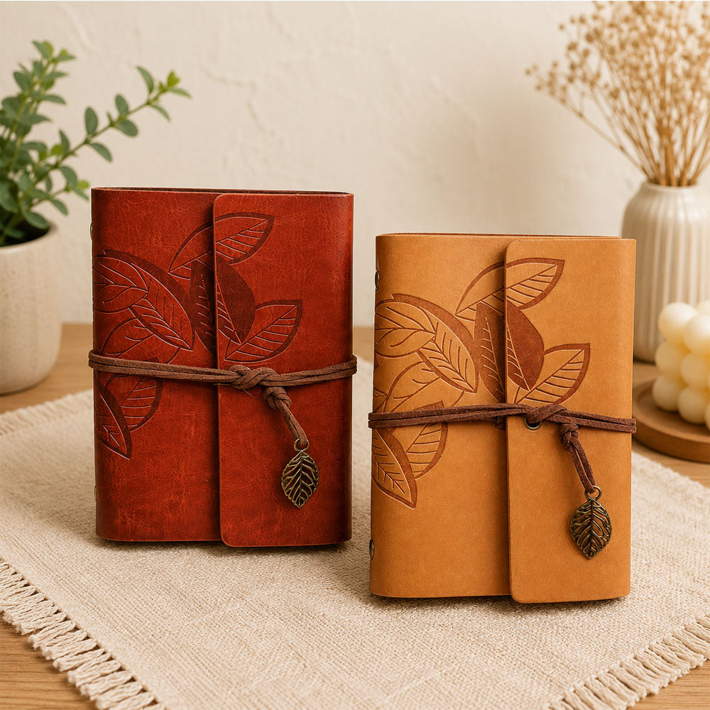 Yaprak Desenli Retro Deri Defter - Vintage Ajanda 1