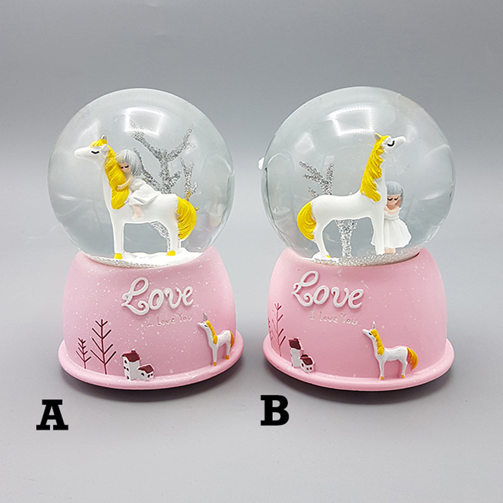 Mini Pembe Kar Küresi - Sevimli Unicorn ve Kız Tasarımlı - Işıklı 1