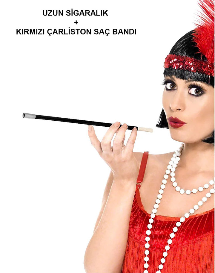 1920'ler 1990'lar Gatsby Kadın Aksesuar Seti – Kırmızı Charleston Saç Bandı ve Sigaralık (5538) 1