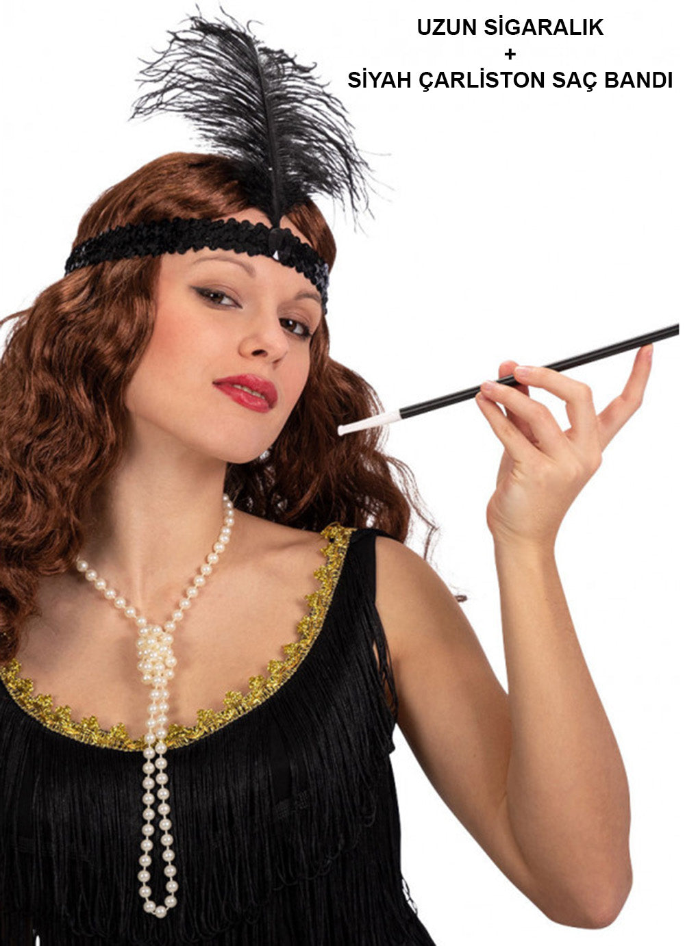 1920'ler Gatsby Aksesuar Seti – Siyah Charleston Saç Bandı & Sigaralık (5538) 1