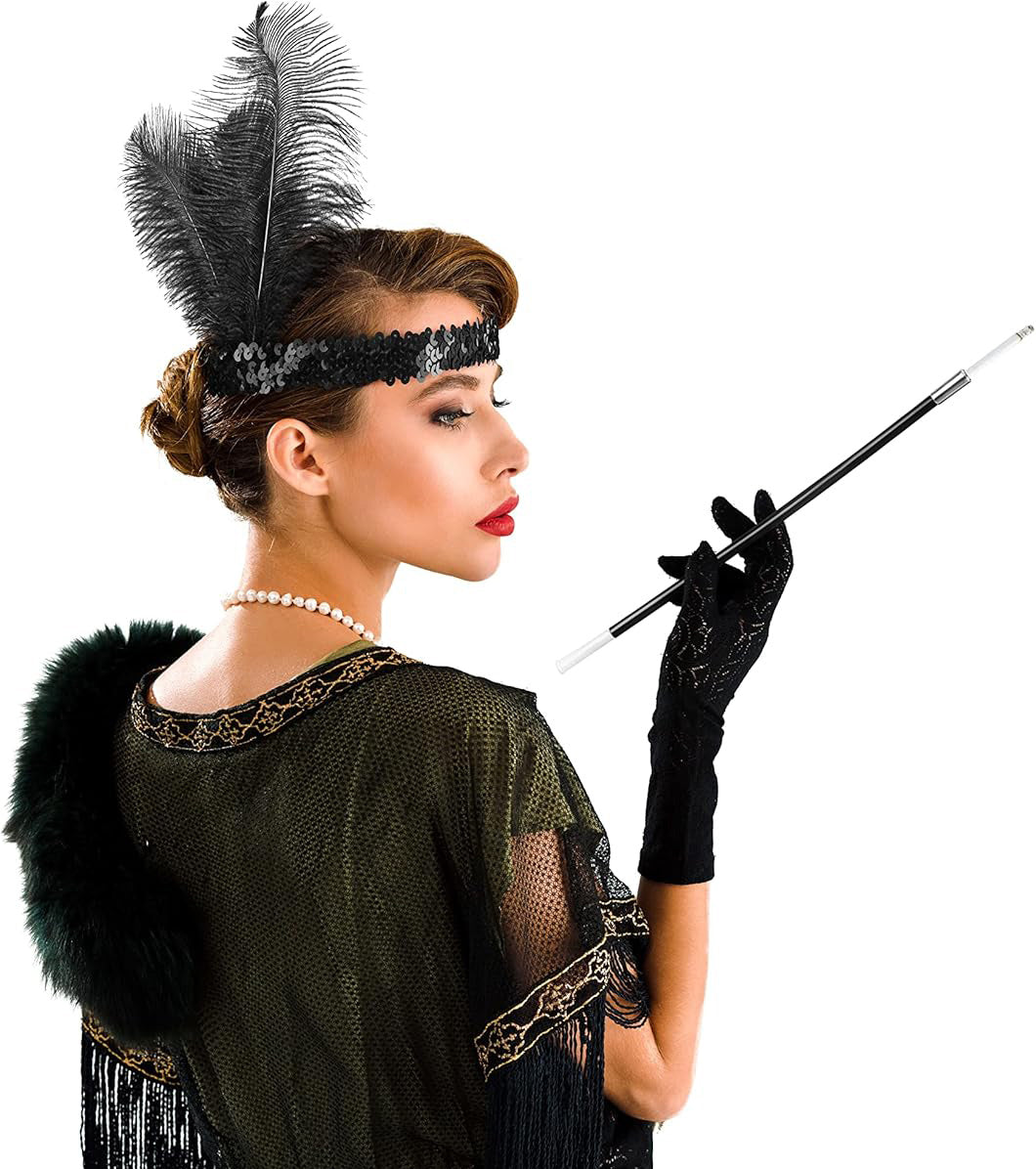 1920'ler Gatsby Aksesuar Seti – Siyah Charleston Saç Bandı & Sigaralık (5538) 2