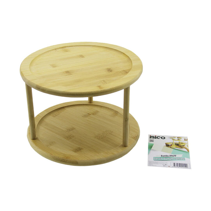 2 KATLI YUVARLAK=24.5CM DÖNER TABLALI AHŞAP BAMBU SUNUM TEPSİSİ - MİNİ SOFRA (5538) 1