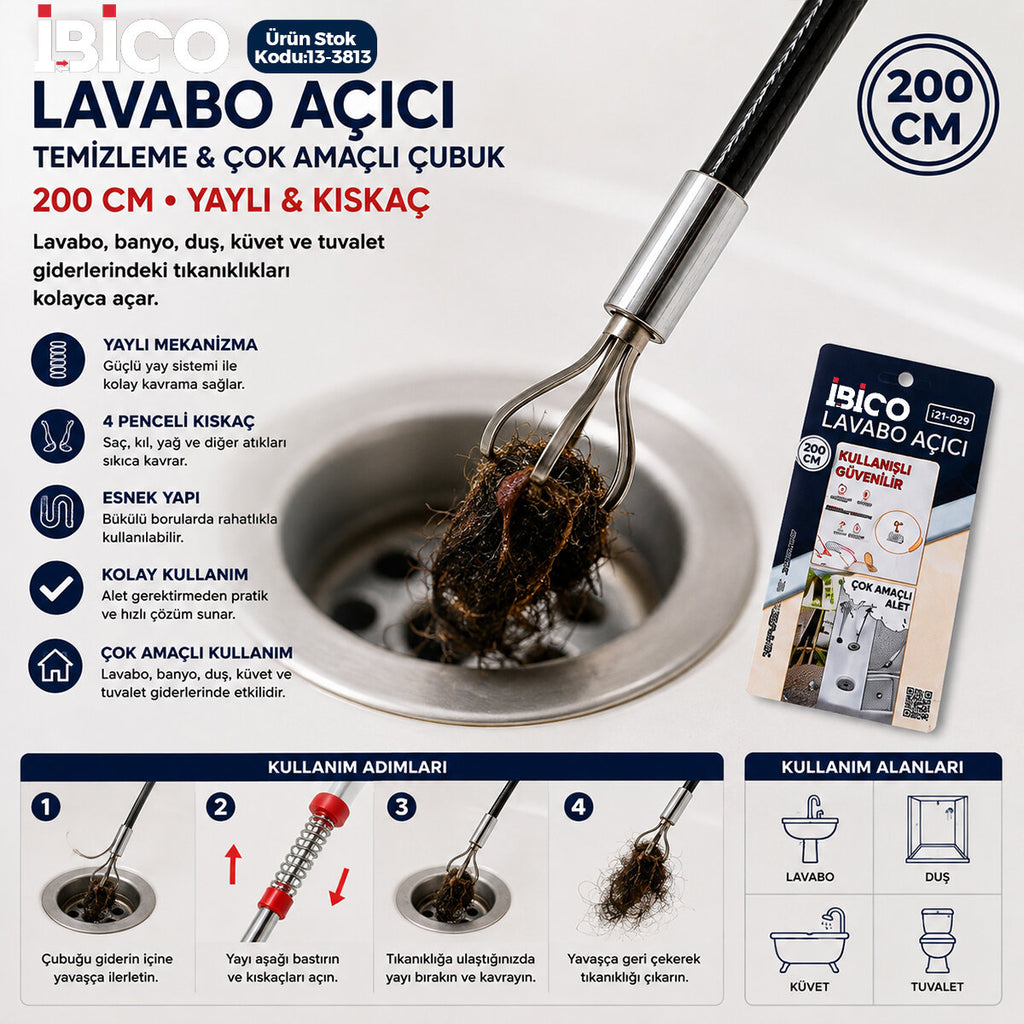 200CM YAYLI - KISKAÇ LAVABO - GİDER VB.TEMİZLEME - ÇOK AMAÇLI ÇUBUK (5538) 2