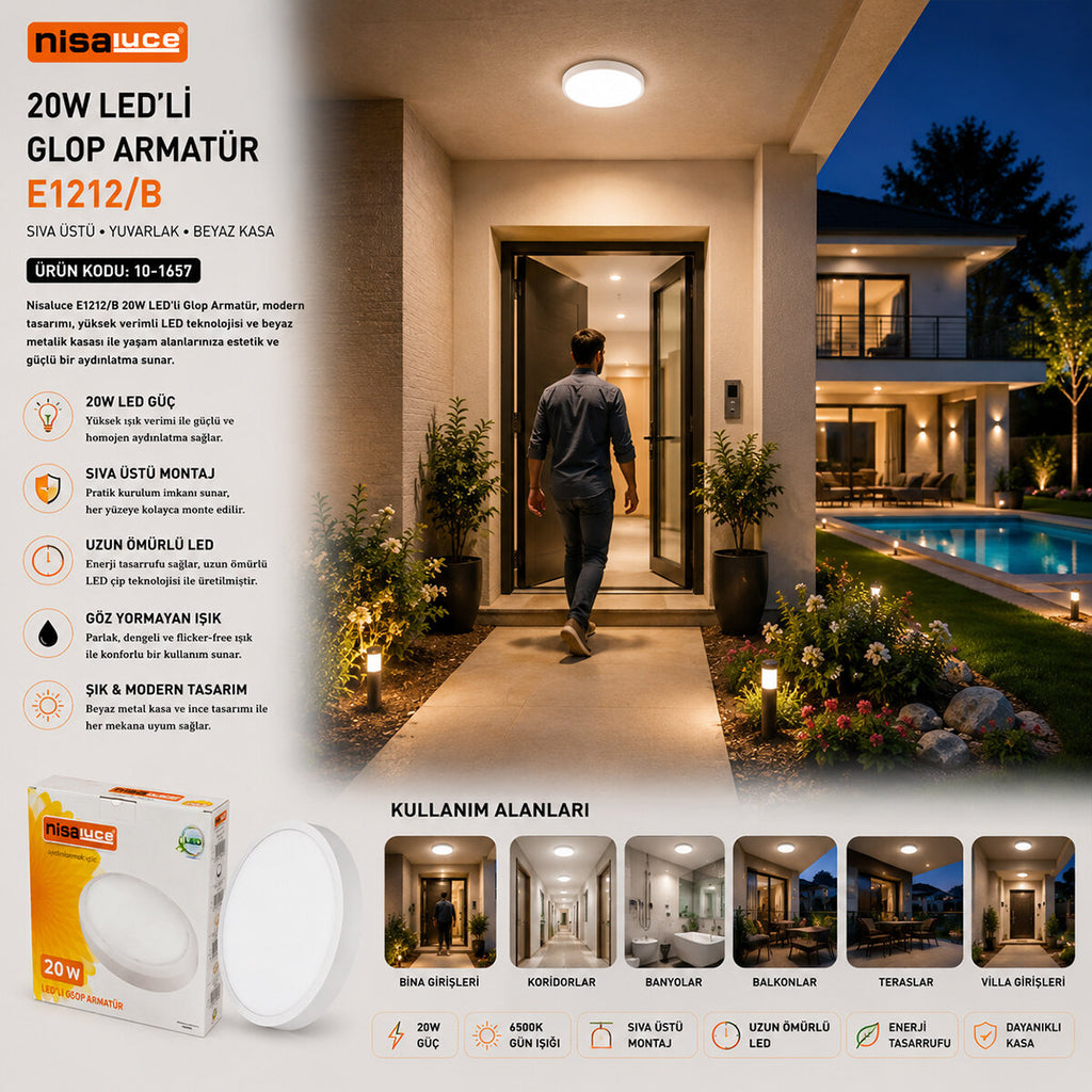 20W BEYAZ METAL KASA SIVA ÜSTÜ YUVARLAK LEDLİ GLOP ARMATÜR IP20 6500K - 1800Lm E1212/B (5538) 3
